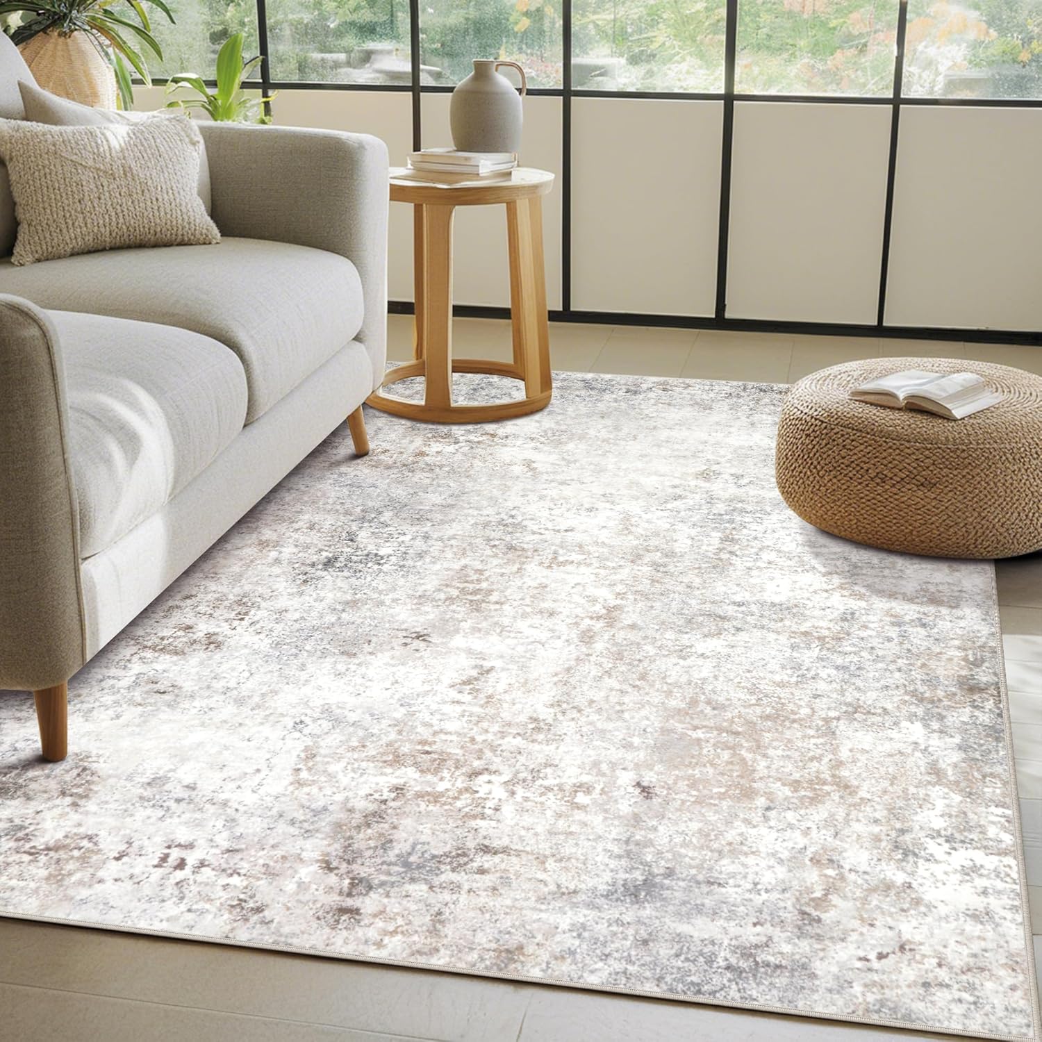 Srugn Washable Area Rug for Living, Bedroom & Dining Room, Ultra Soft Faux Wool Retro Large Carpet, Non-Slip/Shedding Low Pile Vintage Print for Home Office Decor, Beige Ivory Cream Brown Camel, 5x7