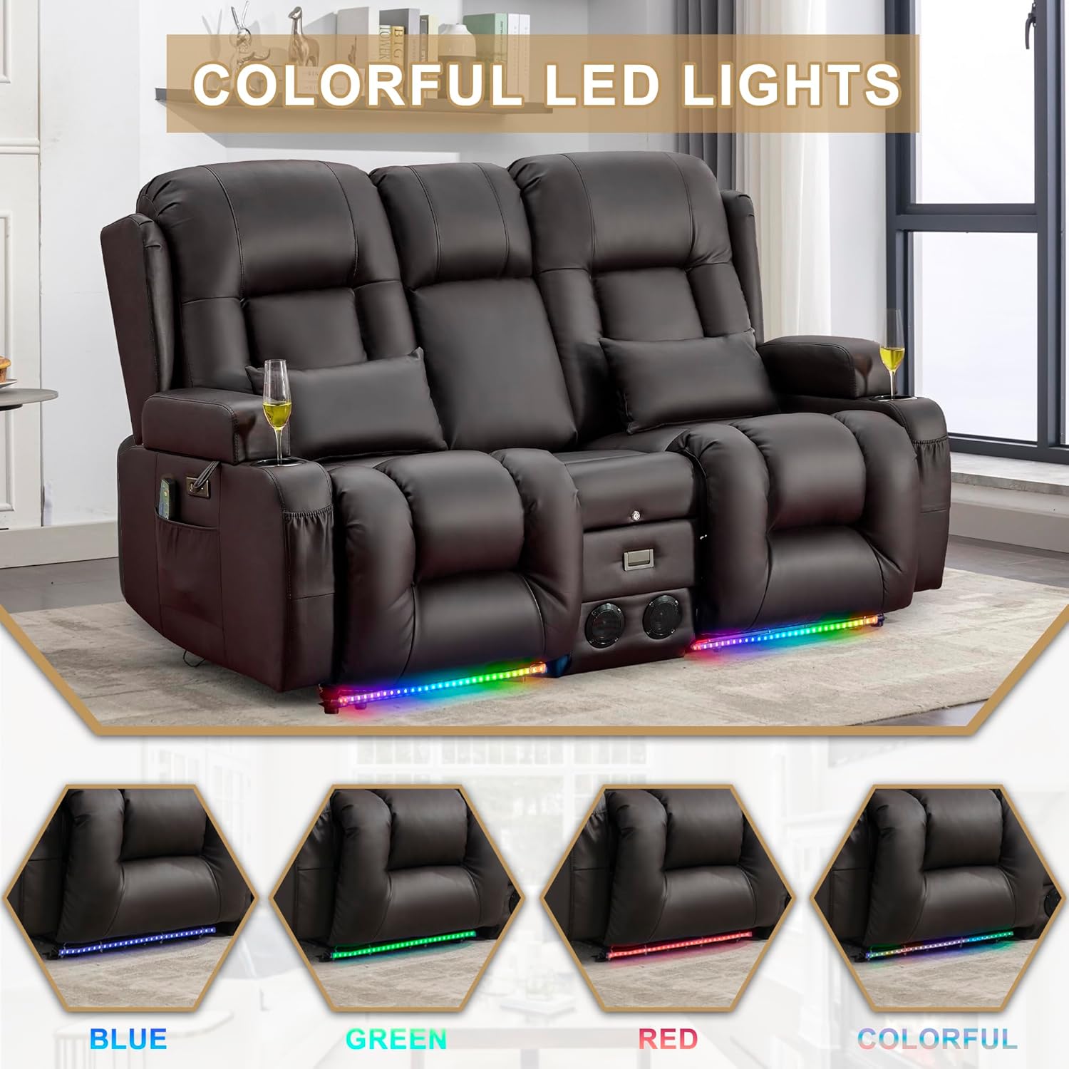 URRED Power Loveseat Recliner Sofa with Massage and Heat, Wall Hugger Reclining Loveseat with Console, RV Couch Home Theater Seating with LED Lights for Living Room (Dark Brown, 67" - 2 Seats)
