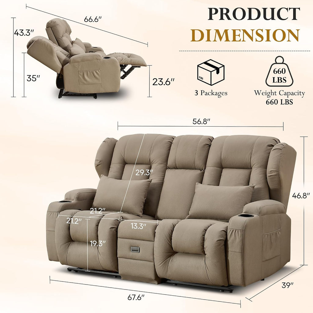 URRED Loveseat Recliner Sofa, Manual Reclining Loveseat Sofa with Flip-Down Console, Home Theater RV Recliner Couch with Cup Holders and Storage for Living Room (Khaki)