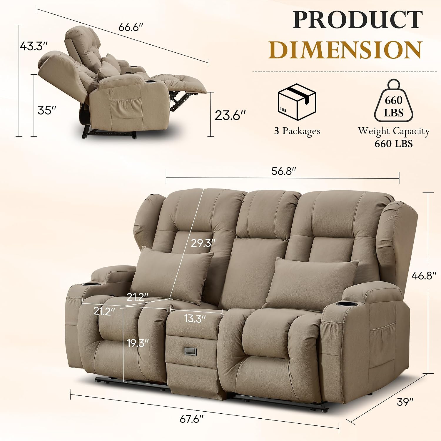 URRED Loveseat Recliner Sofa, Manual Reclining Loveseat Sofa with Flip-Down Console, Home Theater RV Recliner Couch with Cup Holders and Storage for Living Room (Khaki)