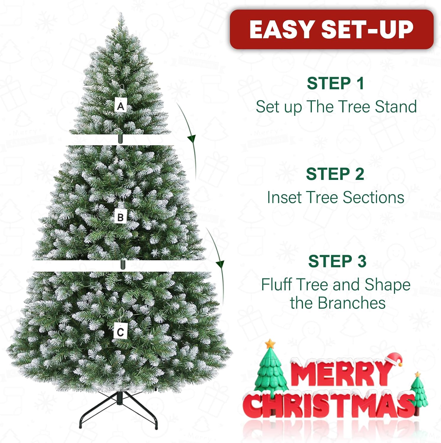 6 ft Lighted Artificial Snow Flocked Christmas Tree, 250 LED Warm White Lights, 1032 PVC Branch Tips, Easy Assembly for Indoor Holiday Decorating