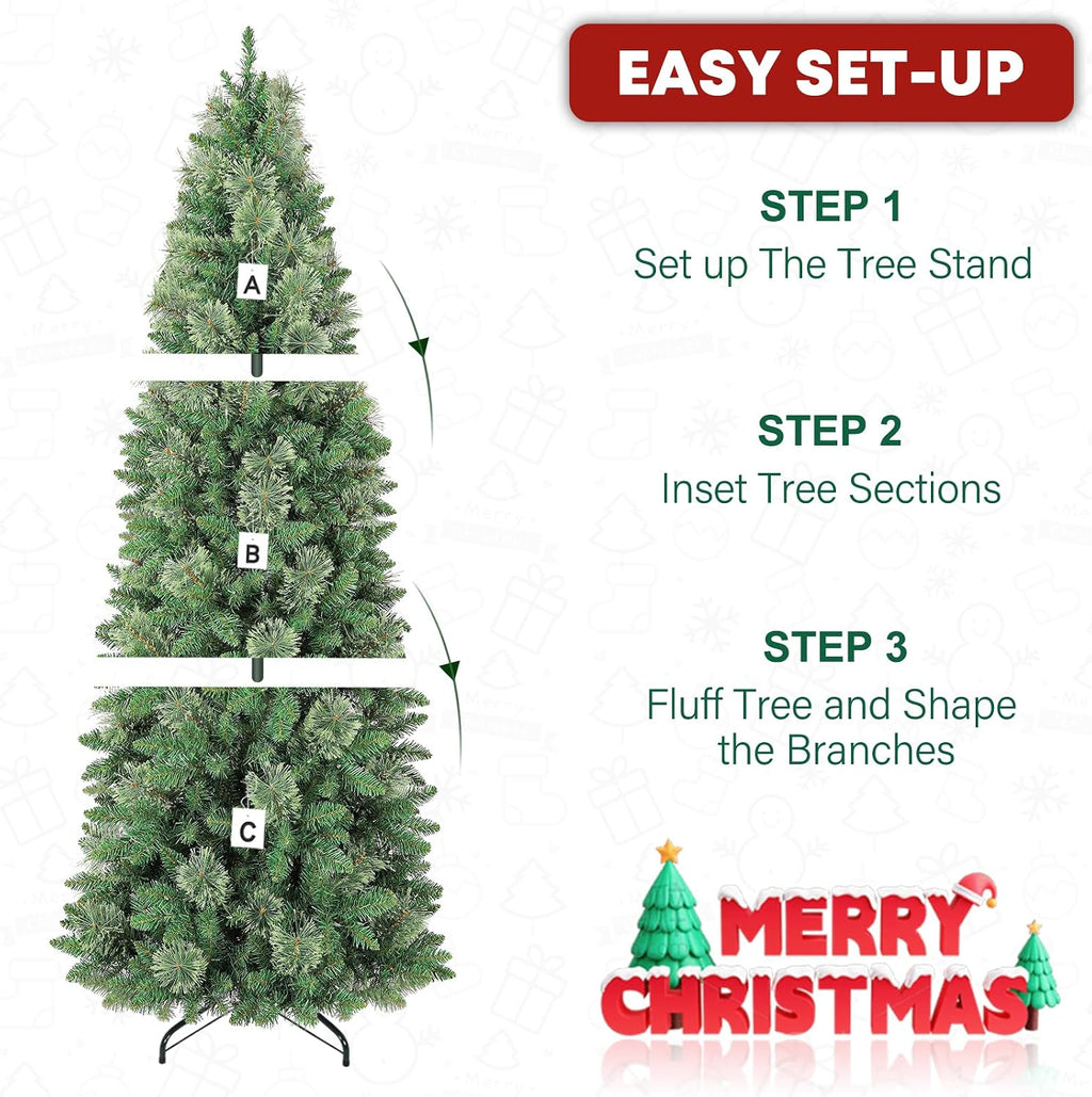 6 ft Lighted Pencil Slim Christmas Tree, Artificial Christmas Tree with 200 Warm White LED Lights, 544 PVC Tips, Foldable Metal Stand and Hinged Branches for Decor, Party