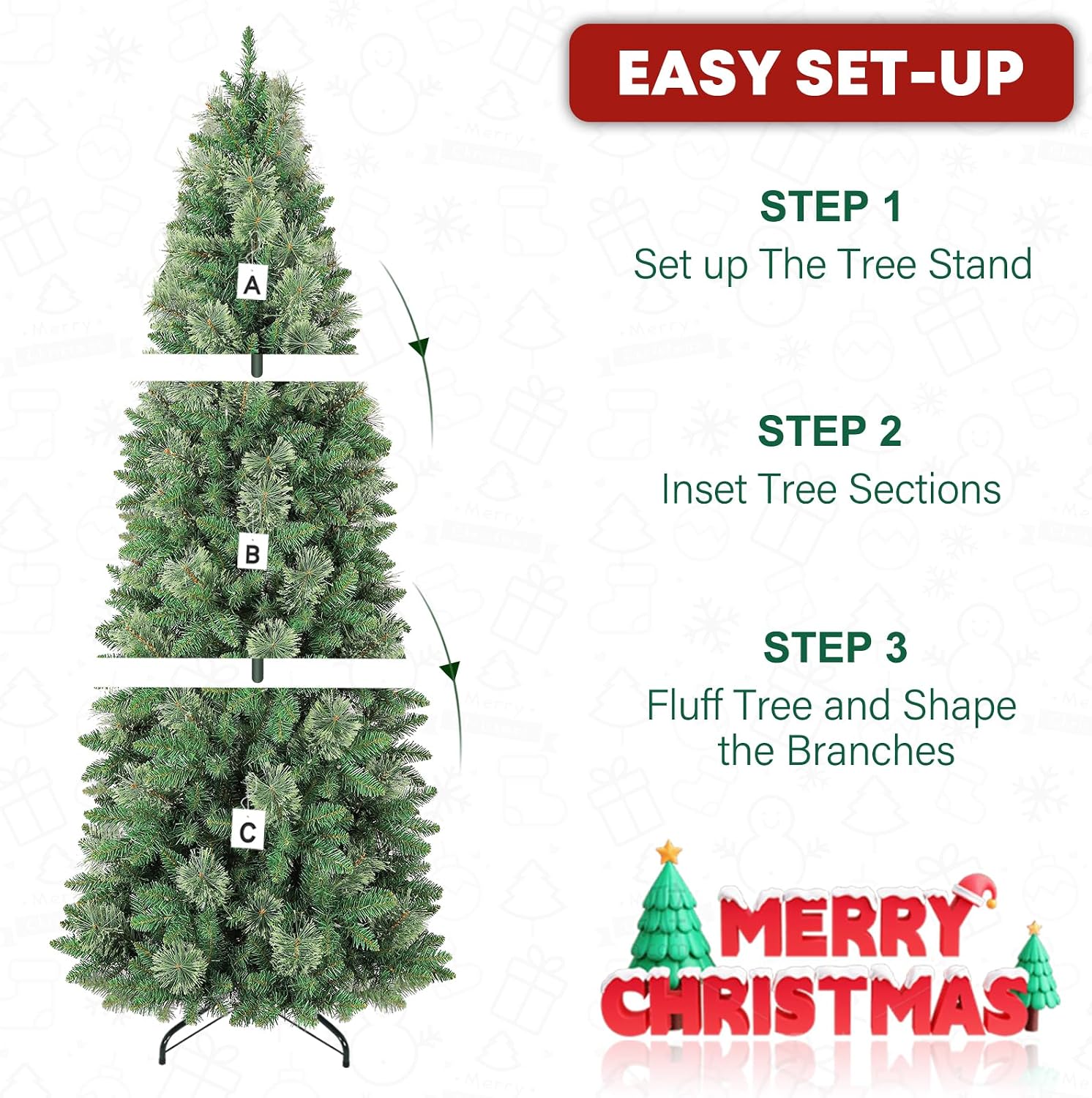 6 ft Lighted Pencil Slim Christmas Tree, Artificial Christmas Tree with 200 Warm White LED Lights, 544 PVC Tips, Foldable Metal Stand and Hinged Branches for Decor, Party