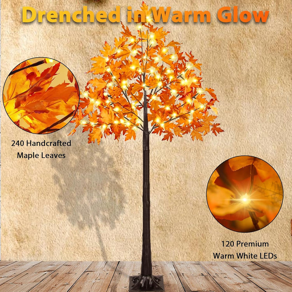 VIVATREES Set of 2, 6FT Artificial Lighted Maple Trees with 240 LEDs, Fall Tree with Warm White Lights for Indoor Outdoor Autumn Halloween Thanksgiving Decor