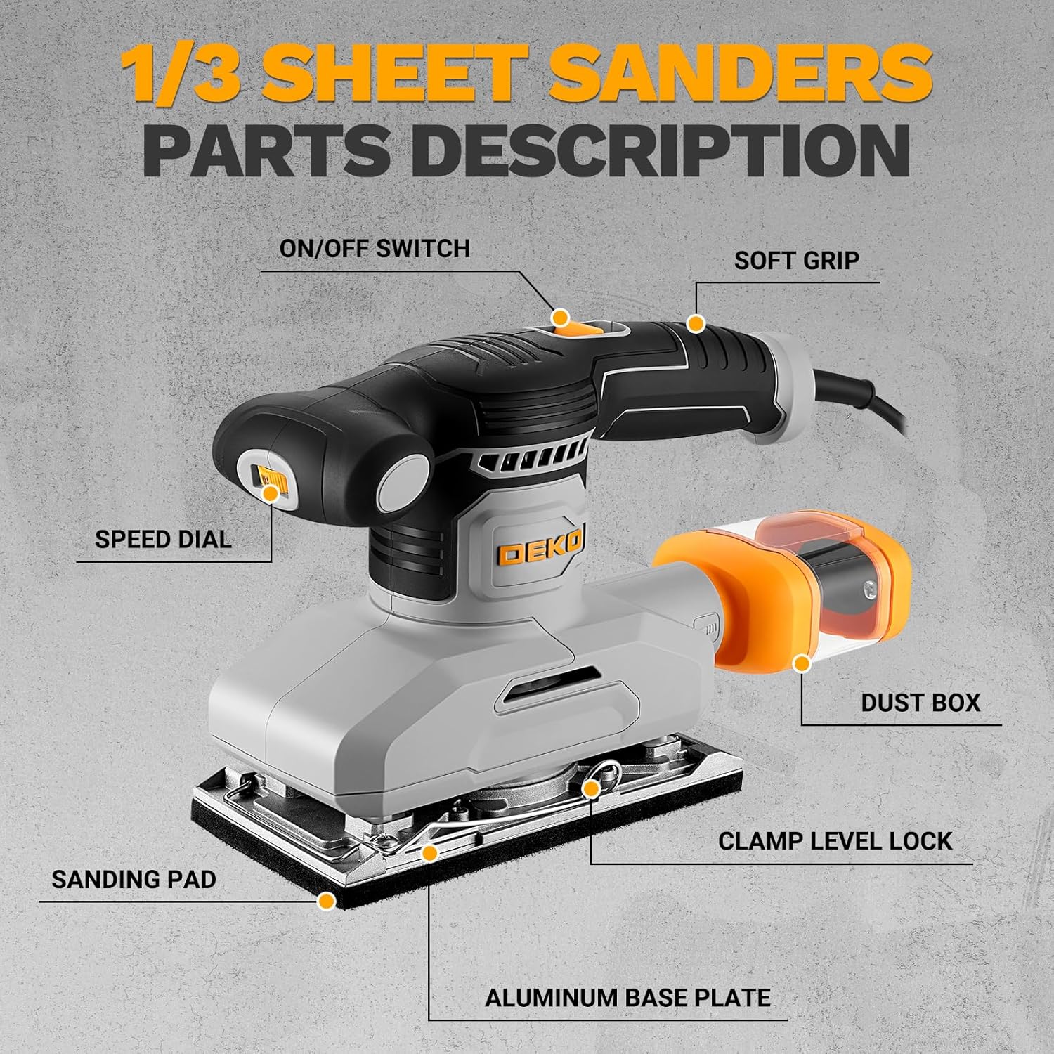 2.2 Amp 1/3 Sheet Palm Sander for Woodworking, Variable Speed up to 26,000 OPM, Corded Electric Sheet Finishing Sander with 15 pcs Sandpaper and Dust Box for Wood Polishing Sanding
