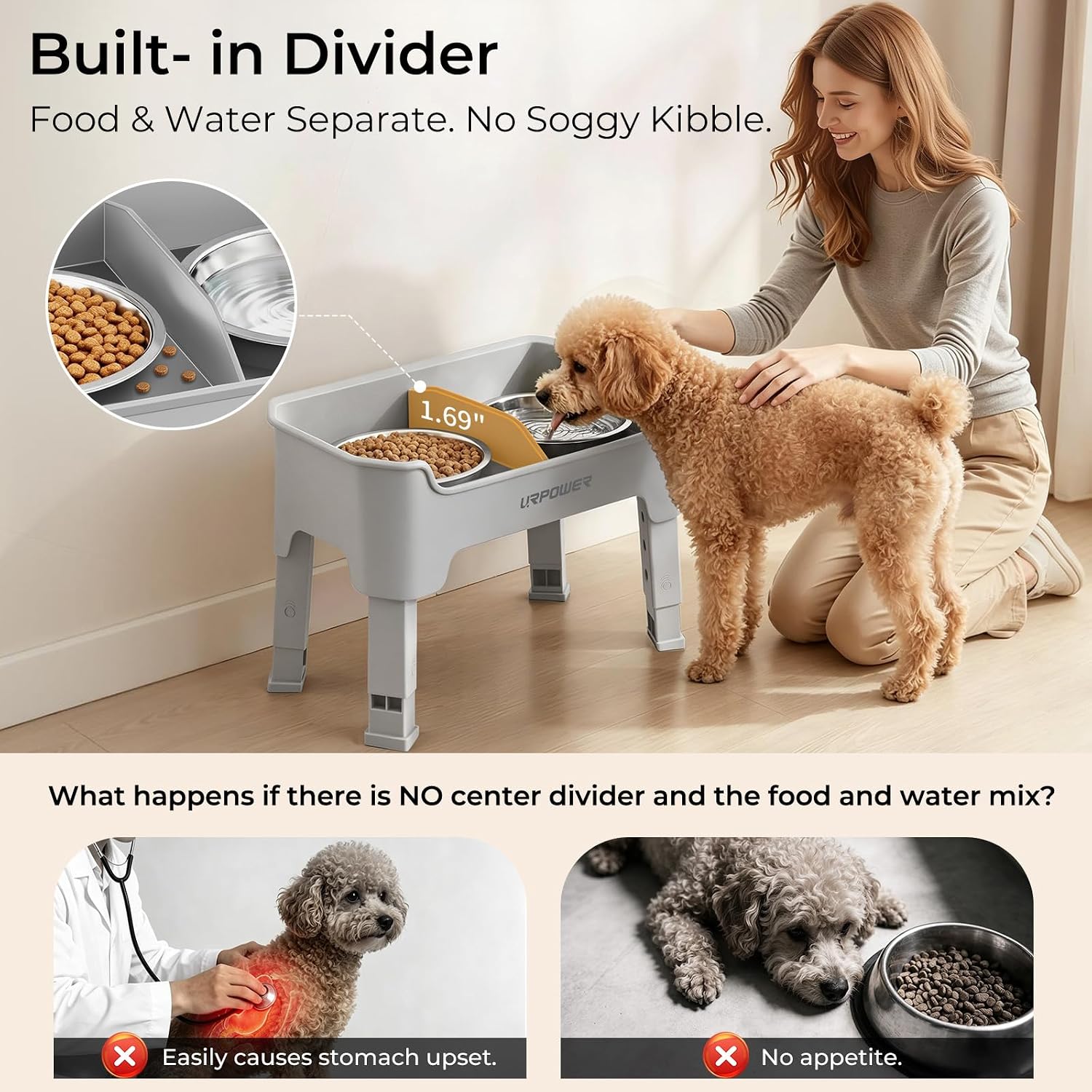 URPOWER Mess Proof Elevated Dog Bowls 4 Height Adjustable Raised Bowl Stand with 2 Stainless Steel Dog Bowls Non-Slip Food and Water Bowl Set for Small Dogs, Light Grey