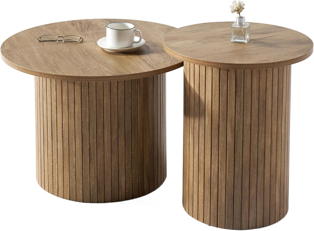 AMERLIFE Rustic Nesting Coffee Table Set of 2, Wood Finish Coffee Table Set, Farmhouse Round Sofa Side Tables for Living Room, Small Spaces, Natural Finish