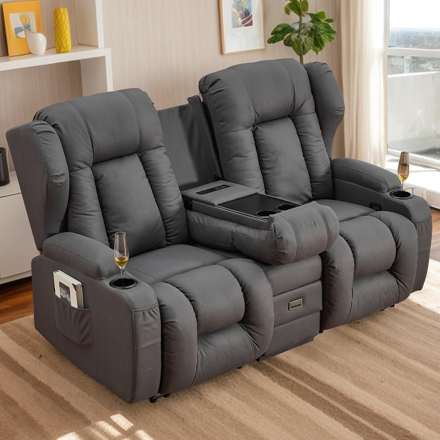 URRED Loveseat Recliner Sofa, Manual Reclining Loveseat Sofa with Flip-Down Console, Home Theater RV Recliner Couch with Cup Holders and Storage for Living Room (Grey)