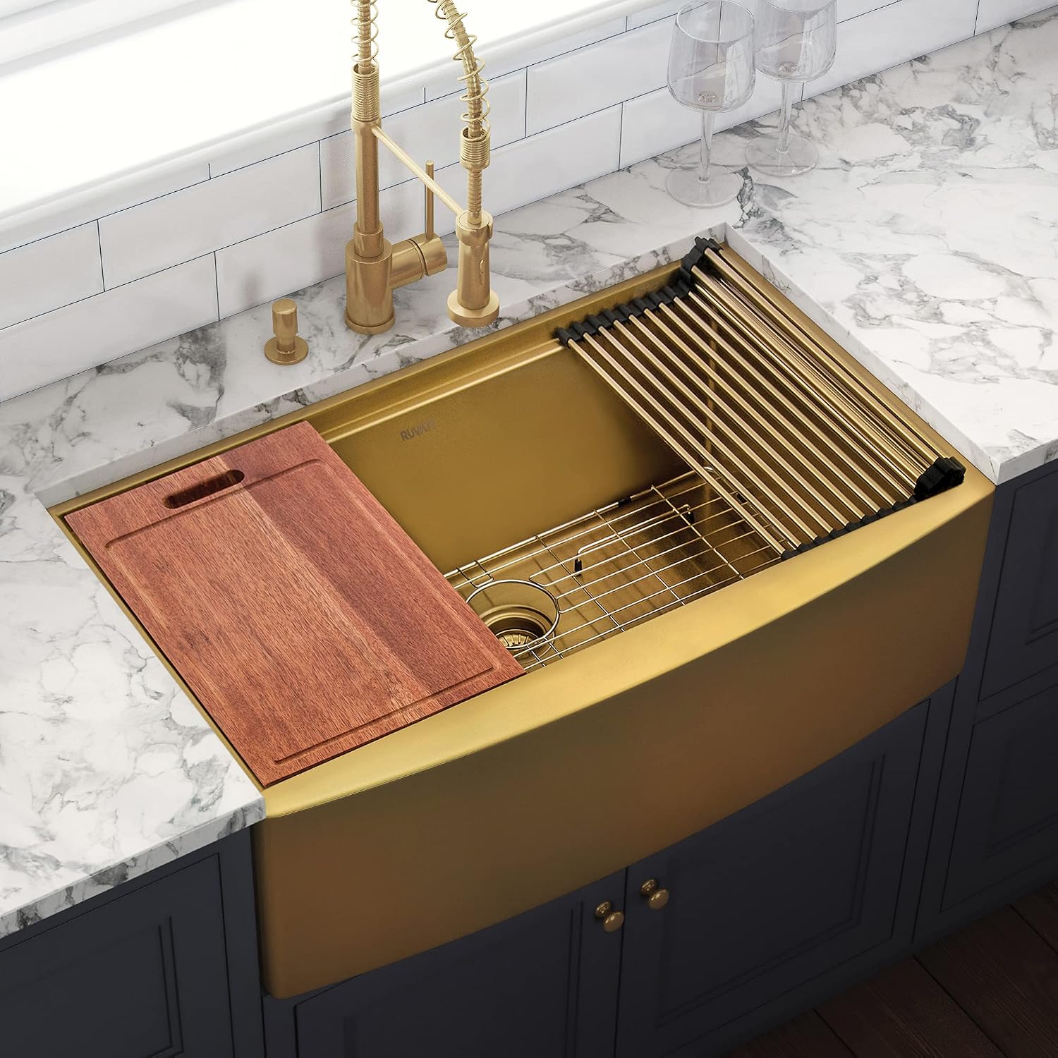 Ruvati 30-inch Matte Gold Workstation Kitchen Sink - Apron-Front Brass Tone Stainless Steel Kitchen Sinks with Brushed Finish hides scratches, Easy-to-Clean Undermount Sink - RVH9106GG