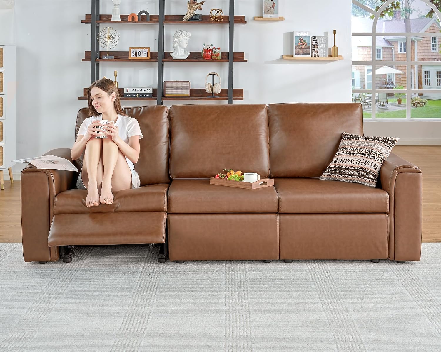 AMERLIFE 44” Power Recliner Chair with 8.5” Wide Armrests, Single Electric Reclining Sofa with USB Charging Port, Leather Recliner for Living Room, Brown
