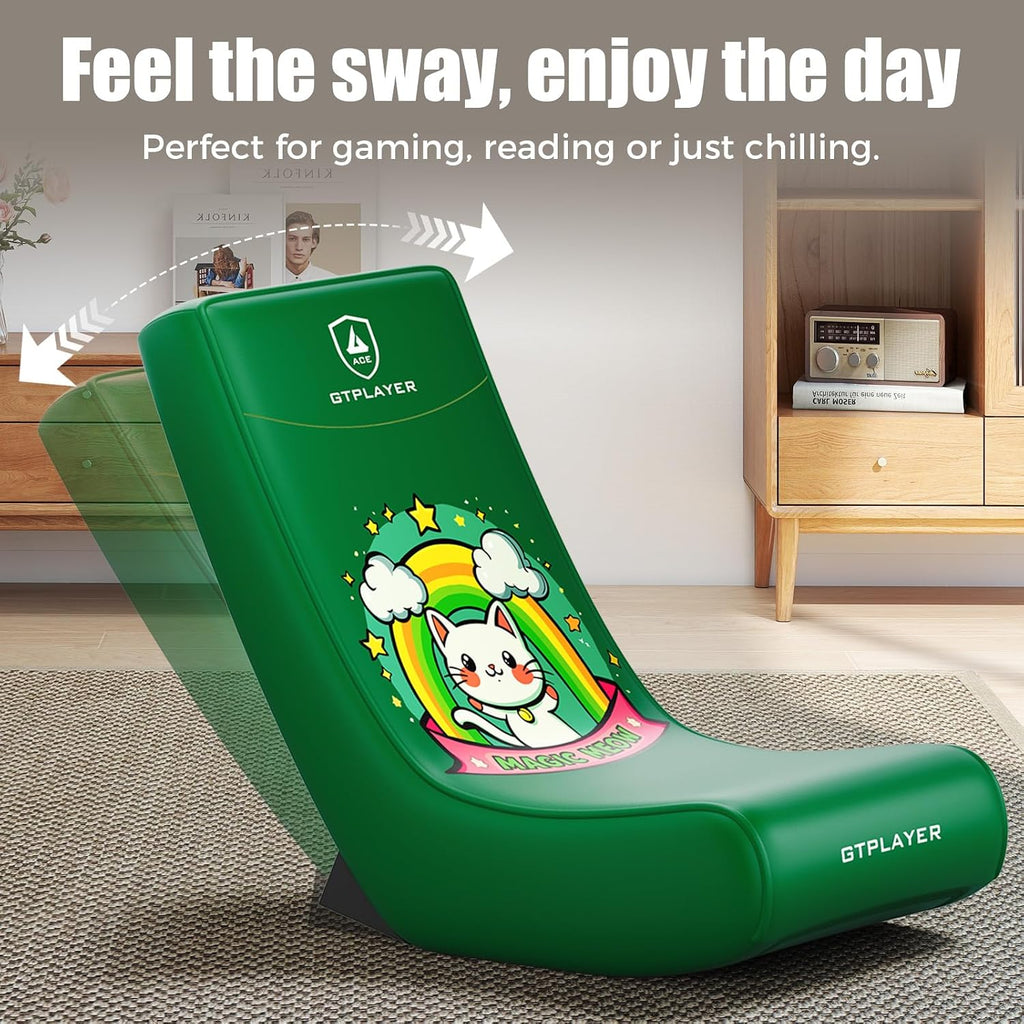 GTPLAYER Gaming Floor Rocking Chair – Rocker Floor Game Chair with Angle Limiter, Stylish Patterned Design, Comfortable Video Game Seat, Green Cat Pattern