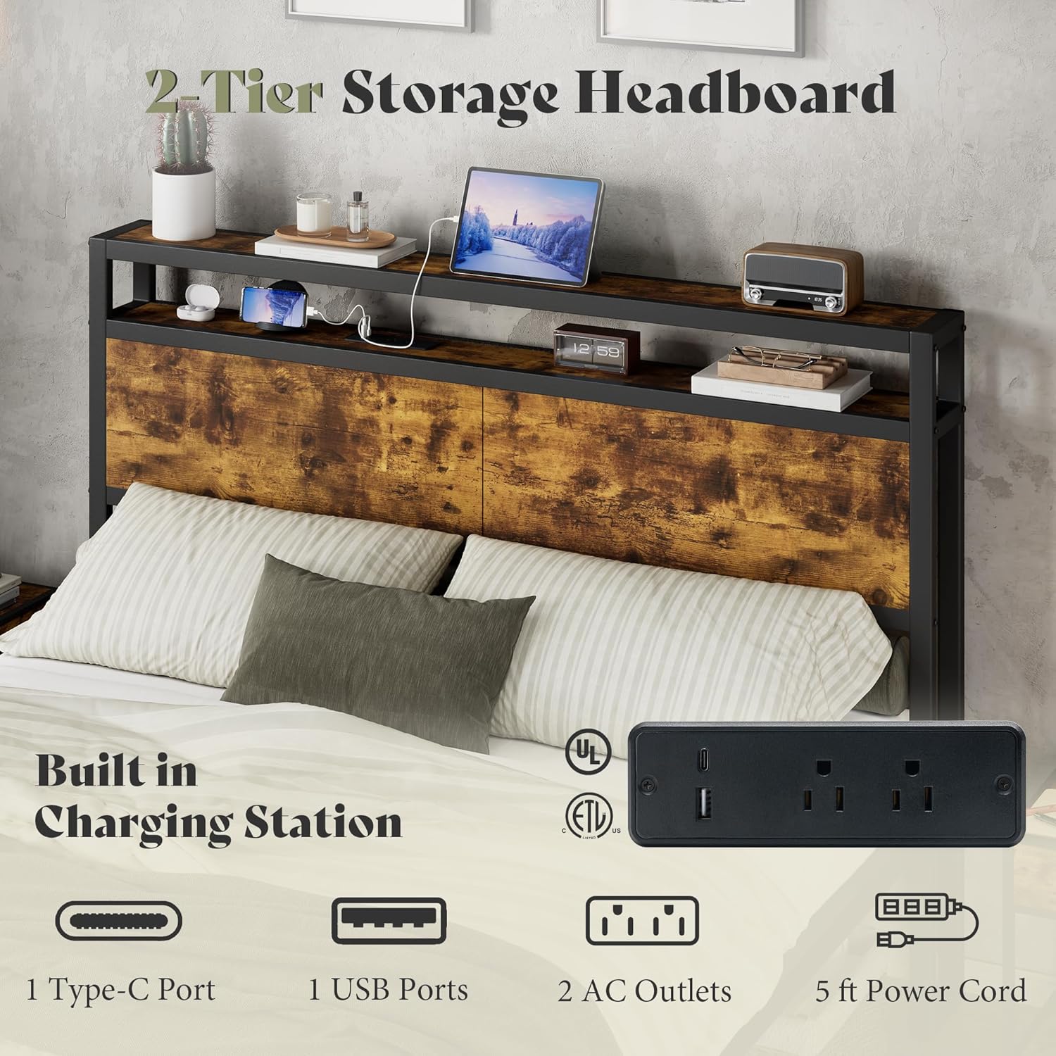 AMERLIFE Queen Size Bed Frame with Storage Headboard & Charging Station, Industrial Metal Platform Bed with Large Under-Bed Storage, Heavy Duty Slats, No Box Spring Needed, Dark Brown