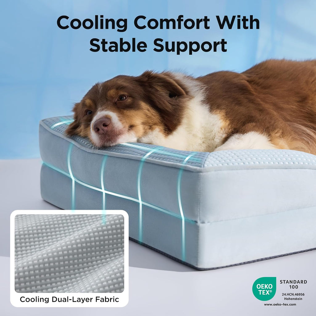 Bedsure L Plus Cooling Dog Bed for Large Dogs - Orthopedic Dog Cat Cooling Bed Washable, Big Comfort Dogs Couch Sofa with Waterproof Removable Cover, Pet Bed with Nonskid Bottom, Cooling Blue, 38"