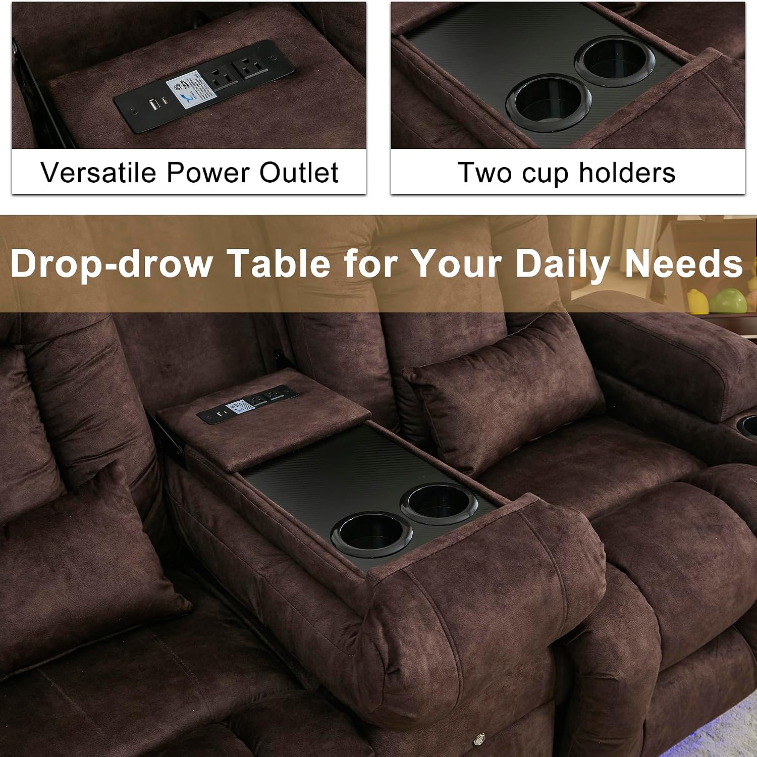 URRED Power Loveseat Recliner Sofa with Massage and Heat, Wall Hugger Reclining Loveseat with Console, RV Couch Home Theater Seating with LED Lights for Living Room (Brown, 67" - 2 Seats)