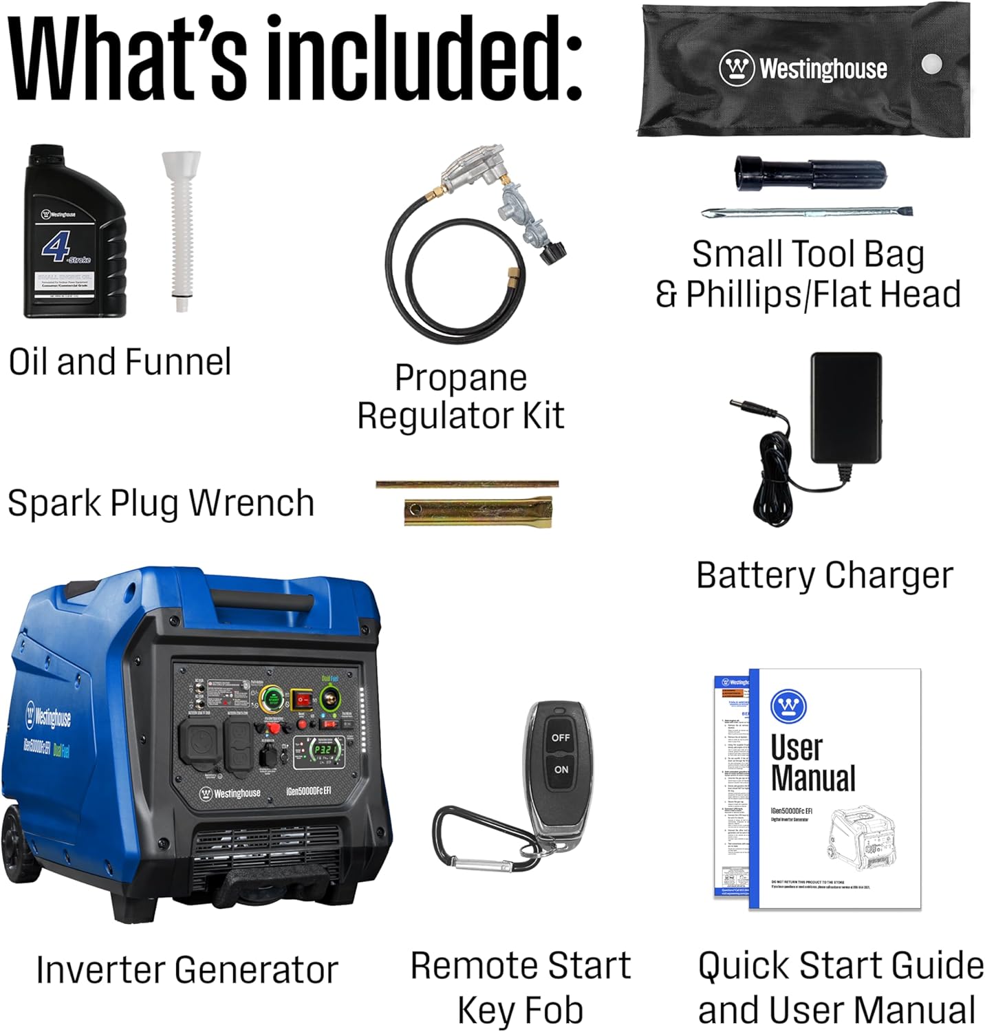 Westinghouse 5000 Peak Watt Super Quiet Dual Fuel Portable Inverter EFI Generator, Remote Electric Start, Gas & Propane Powered, RV Ready, CO Sensor, Parallel Capable, CARB Compliant