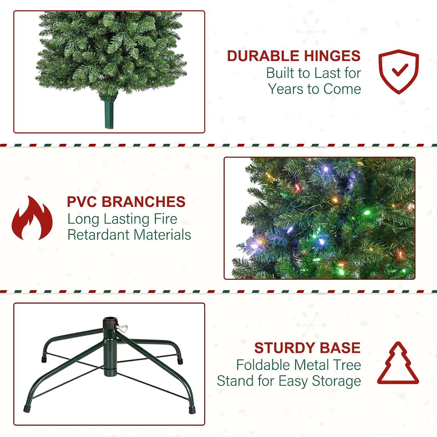 7.5 ft Prelit Pencil Slim Christmas Tree, Artificial Hinged Flocked Christmas Tree with 300 Multicolor LED Lights, Metal Base Included, 792 PVC Branch Tips, 10 Colors