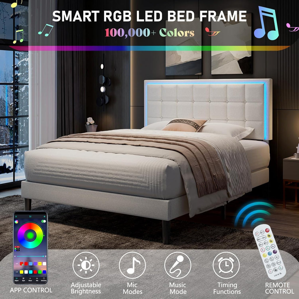 AMERLIFE Full Size Upholstered Bed Frame with LED Lights, Soft Fabric/Button Tufted Platform Bed with Charging Station/Wood Slat Support/Noise Free, White
