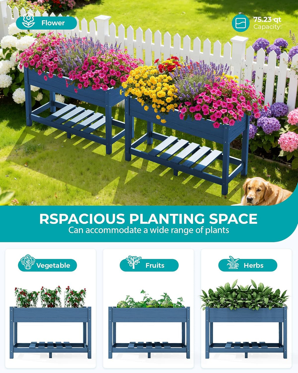 SERWALL Raised Garden Bed with Legs, 43"×17"×30" Large HDPE Elevated Planter Box for Vegetables Flower Herb Patio, All Weather Use- Blue