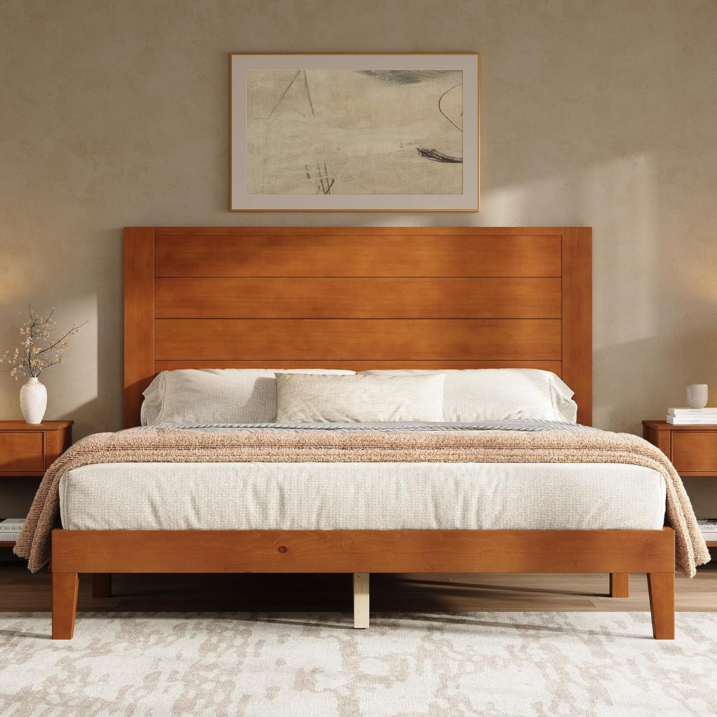 AMERLIFE Queen Size Bed Frame with 48" Tall Headboard, Mid Century Modern Solid Wood Platform Bed with Silent Wood Slat System, No Box Spring Needed, Under-Bed Storage, Brown