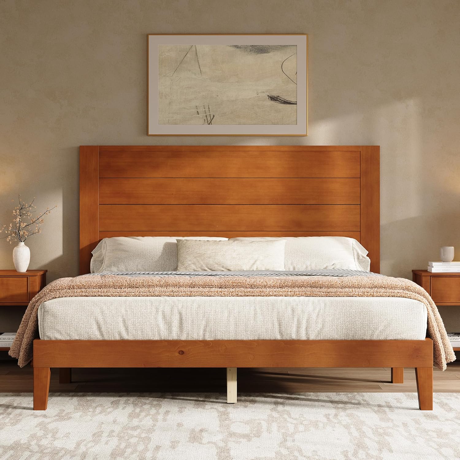 AMERLIFE Queen Size Bed Frame with 48" Tall Headboard, Mid Century Modern Solid Wood Platform Bed with Silent Wood Slat System, No Box Spring Needed, Under-Bed Storage, Brown