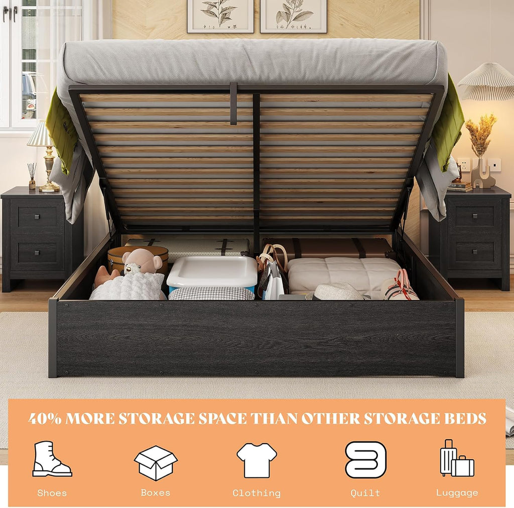 AMERLIFE Lift Up Storage Bed, Queen Bed Frame with Storage Underneath, Wooden Platform Bed Frame, Solid Wood Slats Support, No Fixed Headboard, No Box Spring Needed, Dark Oak