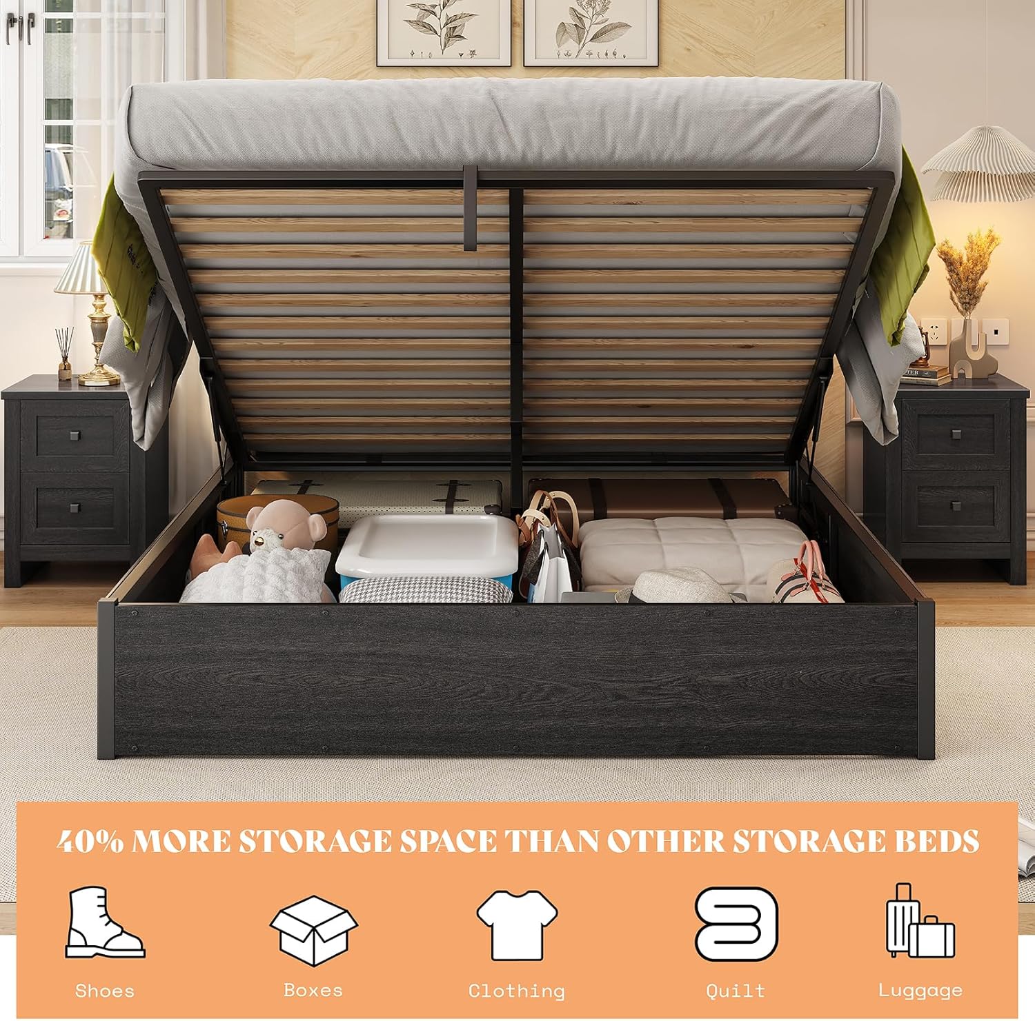 AMERLIFE Lift Up Storage Bed, Queen Bed Frame with Storage Underneath, Wooden Platform Bed Frame, Solid Wood Slats Support, No Fixed Headboard, No Box Spring Needed, Dark Oak