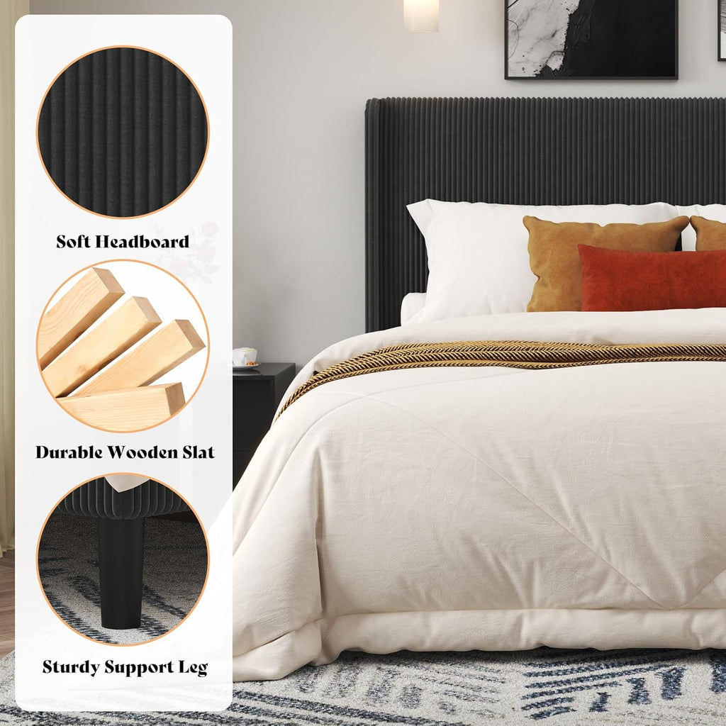 AMERLIFE Queen Bed Frame, Upholstered Platform Bed with Corduroy Headboard, Easy Assembly Modern Black Bed Frame with Wooden Slats Support, No Box Spring Needed, 8" Under-Bed Storage Clearance