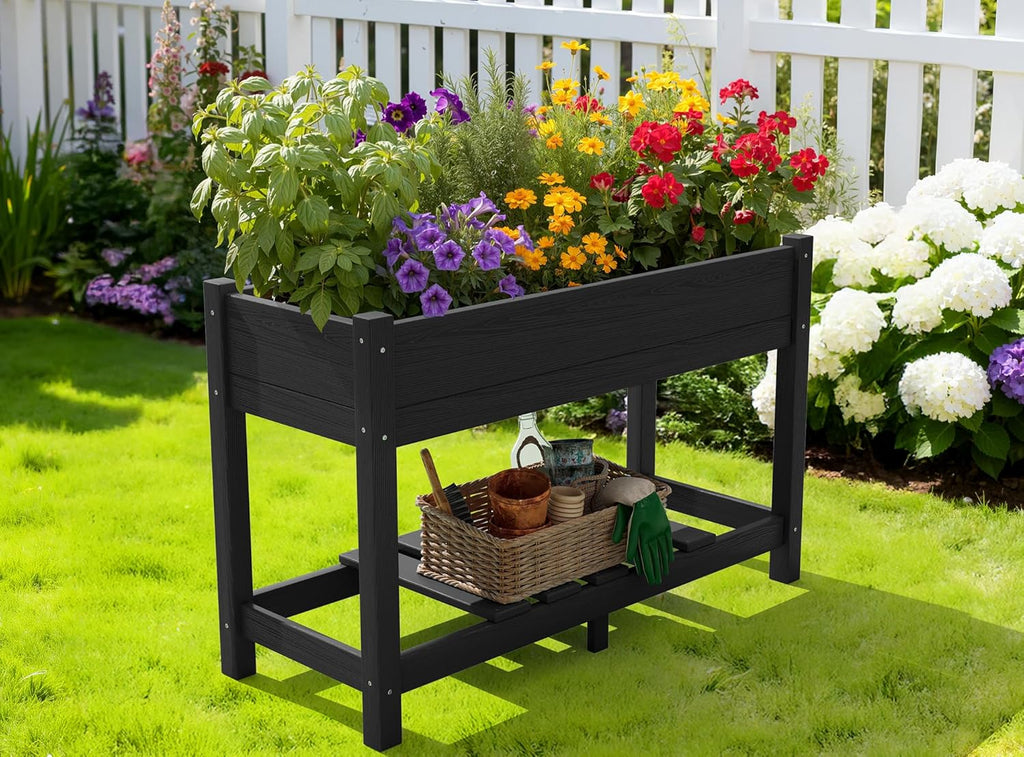 SERWALL Raised Garden Bed, Black, 43"×17"×30" | Large HDPE, Elevated Planter Box, For Vegetables Flower Herb, Patio, All Weather Use