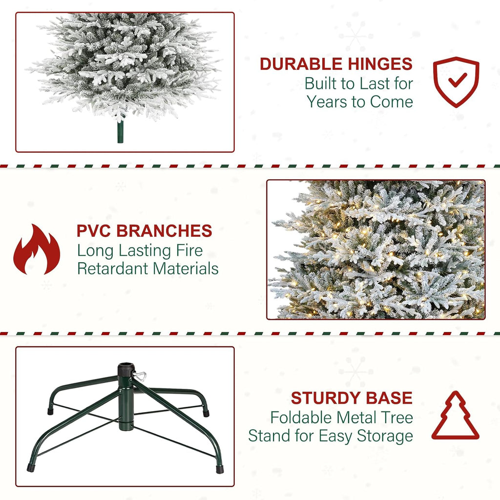 7.5 ft Lighted Artificial Flocked Christmas Tree, 450 Warm White LED Lights, 2933 PE&PVC Realistic Frosted Tips, Metal Stand and Hinged Branches Included