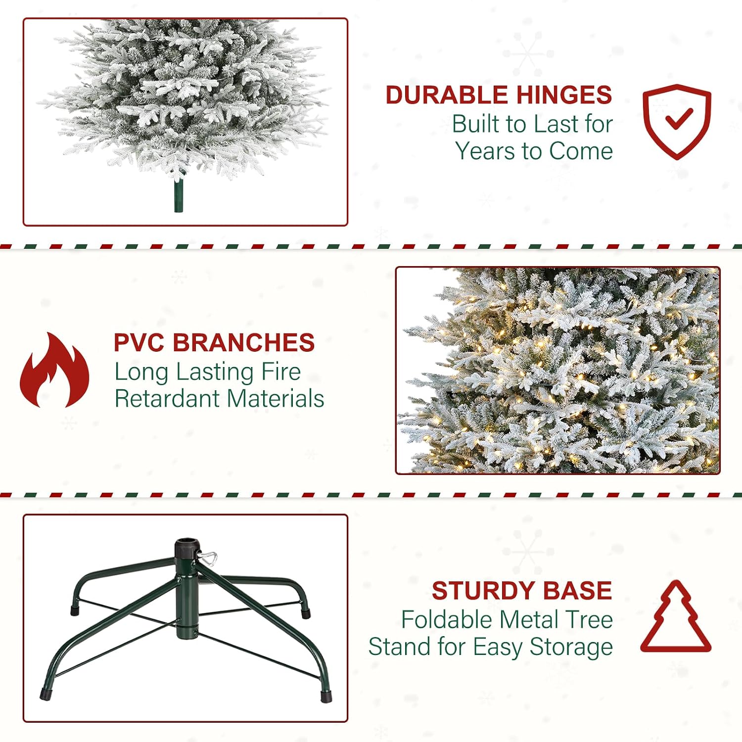 7.5 ft Lighted Artificial Flocked Christmas Tree, 450 Warm White LED Lights, 2933 PE&PVC Realistic Frosted Tips, Metal Stand and Hinged Branches Included