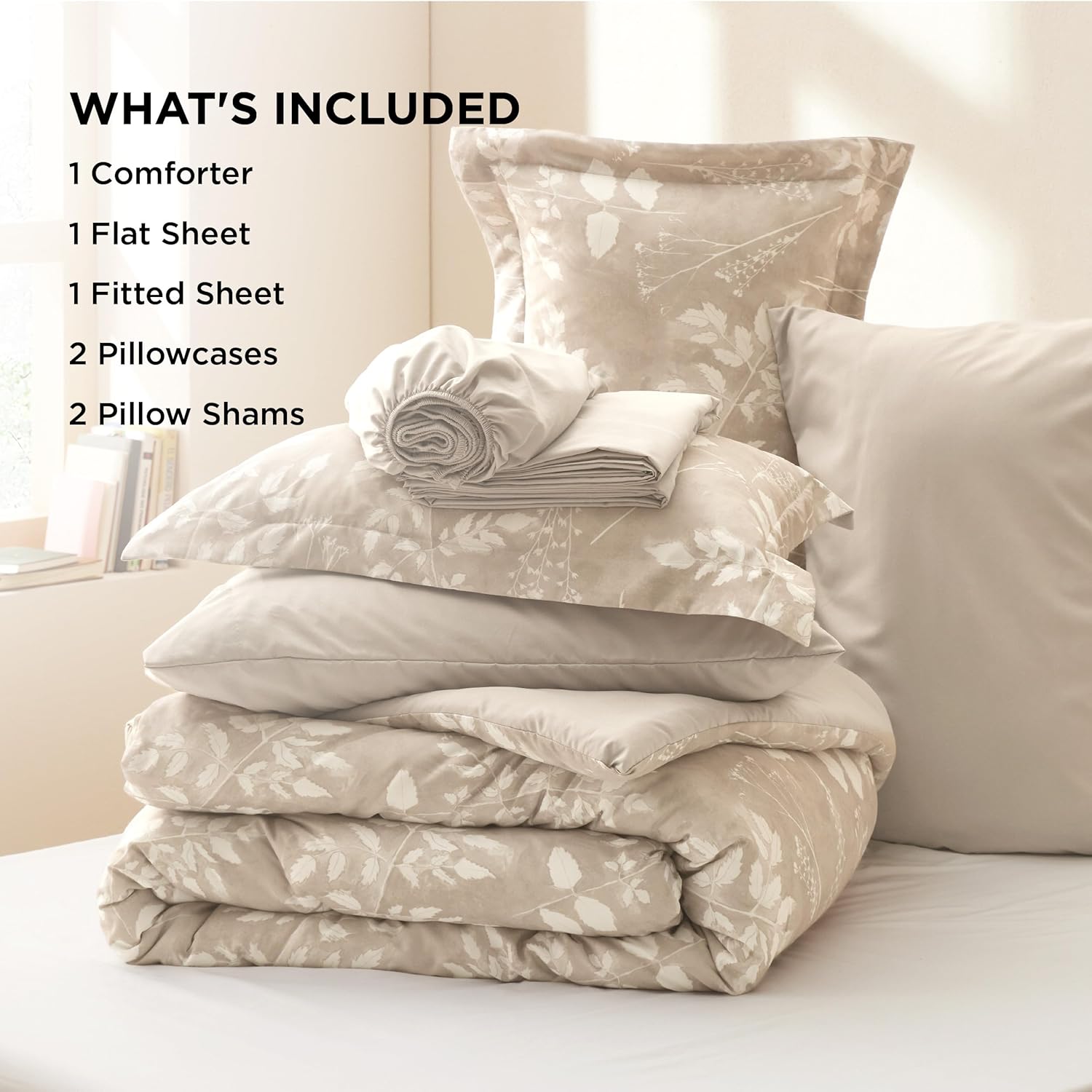 Bedsure Queen Comforter Set - 7 Pieces Floral Beige Soft Bedding Sets, Queen Bed in a Bag with Botanical Flowers Comforter, Sheets, Pillowcases & Shams