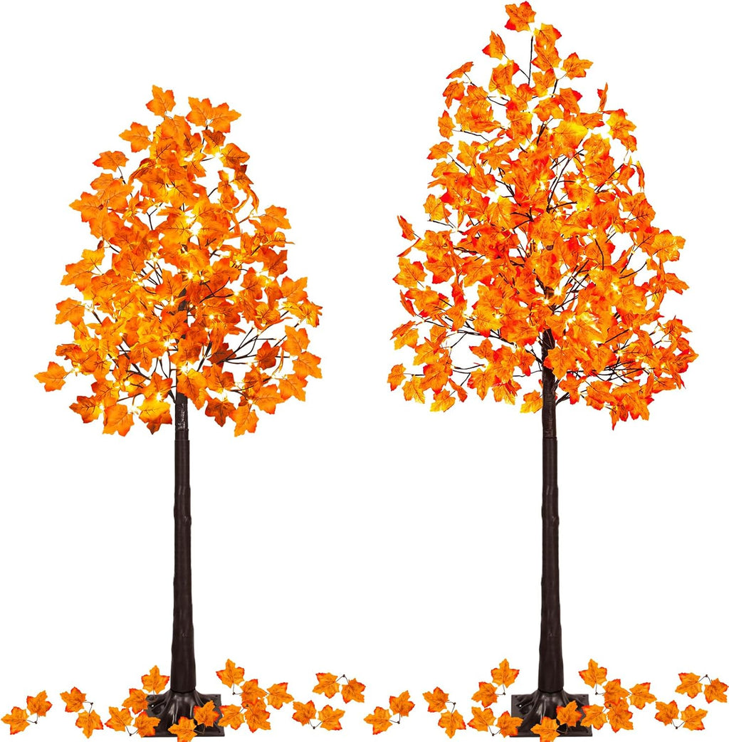 VIVATREES 2Pack 5FT+6FT Artificial Lighted Maple Tree, Light Up Fall Tree with 216 LED Warm White Lights for Halloween, Thanksgiving, Autumn Harvest Outdoor Indoor Home Decor, Orange