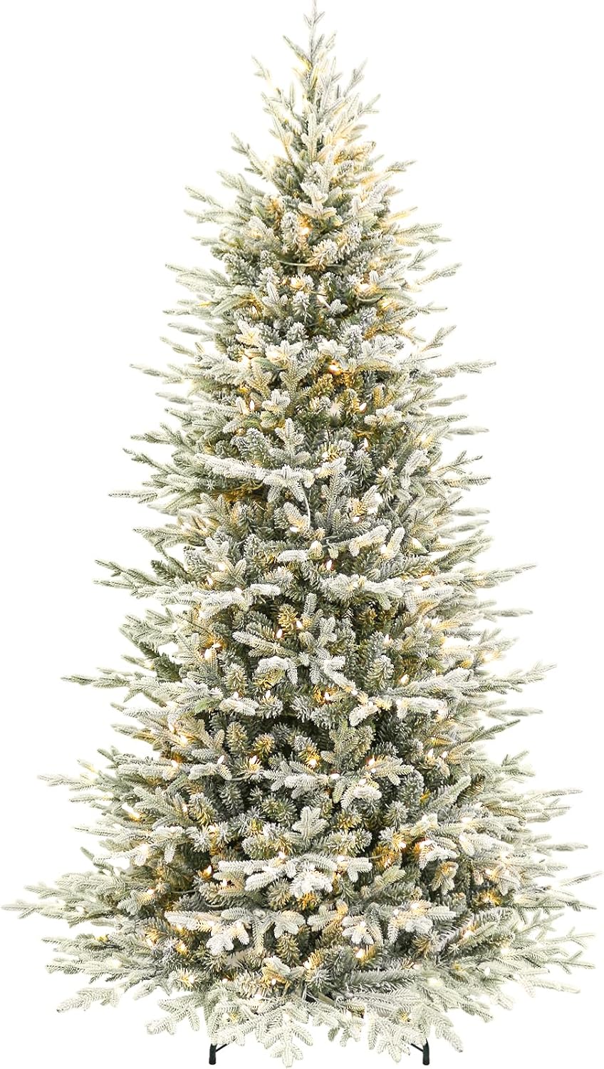 7.5 ft Lighted Artificial Flocked Christmas Tree, 450 Warm White LED Lights, 2933 PE&PVC Realistic Frosted Tips, Metal Stand and Hinged Branches Included