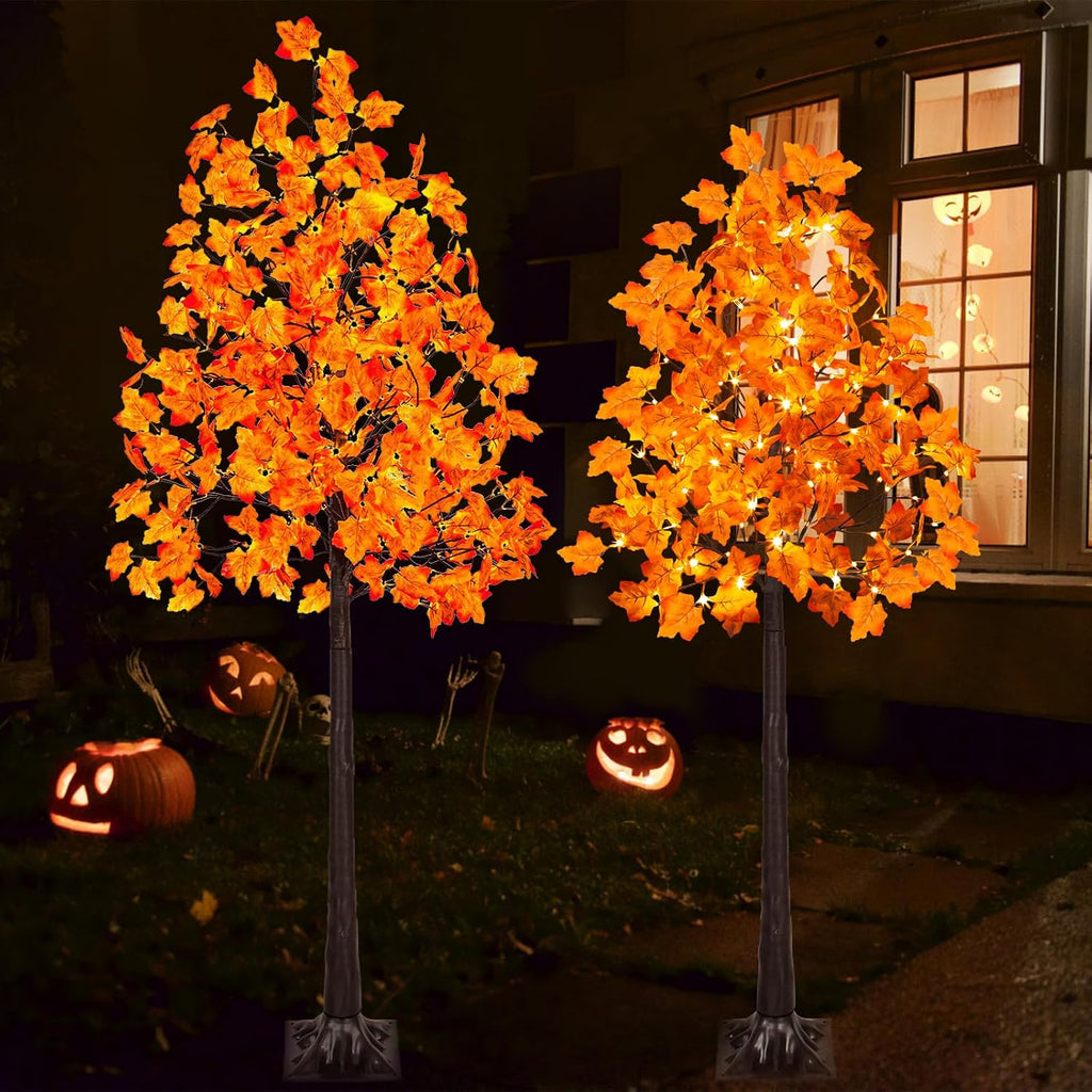VIVATREES 2Pack 5FT+6FT Artificial Lighted Maple Tree, Light Up Fall Tree with 216 LED Warm White Lights for Halloween, Thanksgiving, Autumn Harvest Outdoor Indoor Home Decor, Orange