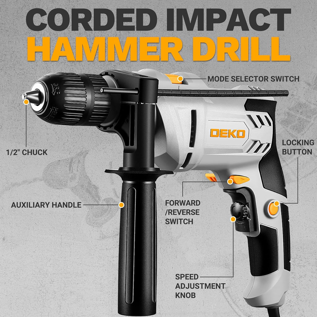 DEKOPRO 6-Amp 1/2-Inch Hammer Drill, Variable Speed Electric Corded Hammer Drill with 12pcs Bit for Concrete & Wood, 2 Functions in 1 with Keyed Metal Chuck, 360° Rotating Handle