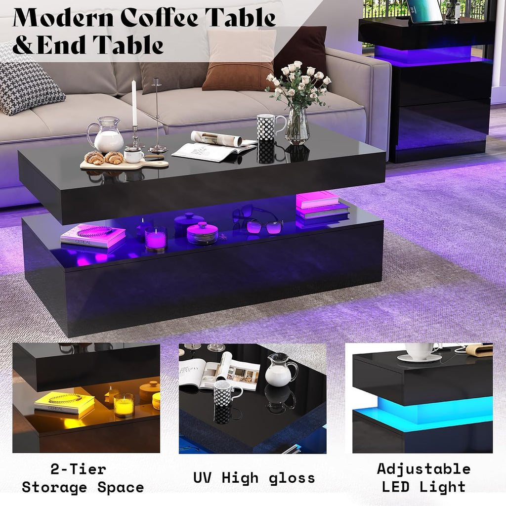 AMERLIFE 4-Piece Modern High Gloss Living Room Table Set, 70" Fireplace TV Stand, 39.4" Coffee Table with 2-Tier Storage, End Table Set of 2 with Charging Station, LED Lights/Black