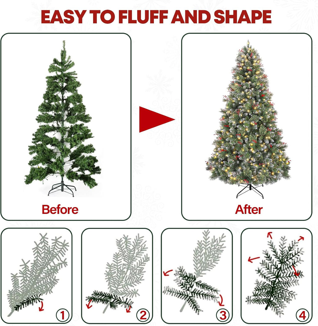 6 ft Lighted Frosted Christmas Tree, Artificial Pine Christmas Tree with Red Berries, 250 Warm White LED Lights, 956 Branch Tips, Foldable Metal Stand and Hinged Branches