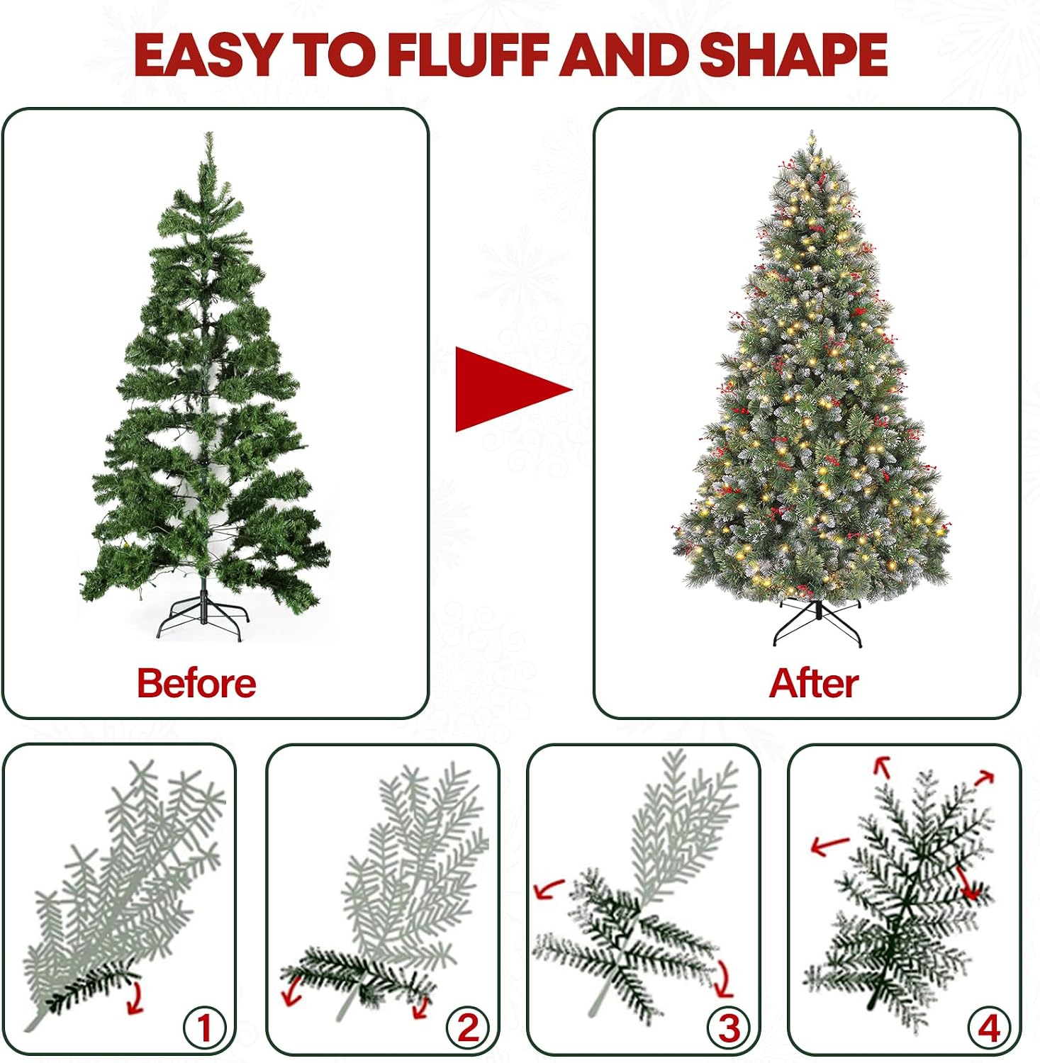 6 ft Lighted Frosted Christmas Tree, Artificial Pine Christmas Tree with Red Berries, 250 Warm White LED Lights, 956 Branch Tips, Foldable Metal Stand and Hinged Branches