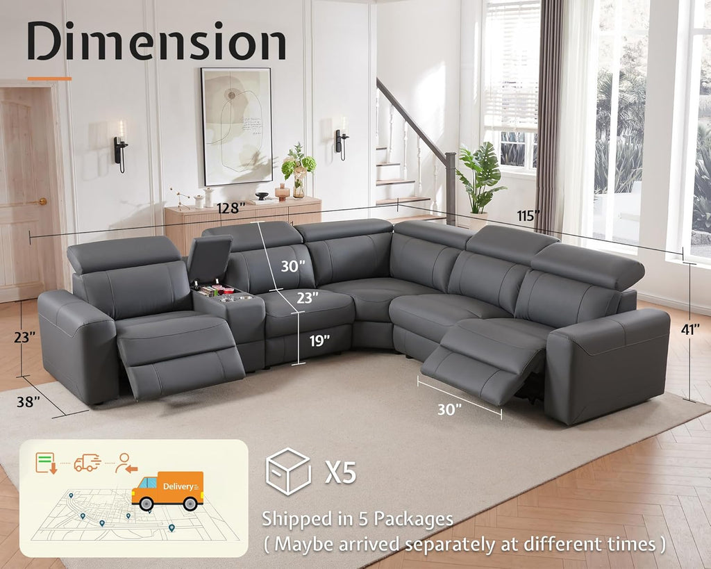 AMERLIFE Power Recliner Sectional Sofa with Storage/USB Port, Leather Recliner Sofa with Adjustable Headrest, Reclining Sectional Couches with Console and Cup Holder for Living Room (Gray, 5-Seater)