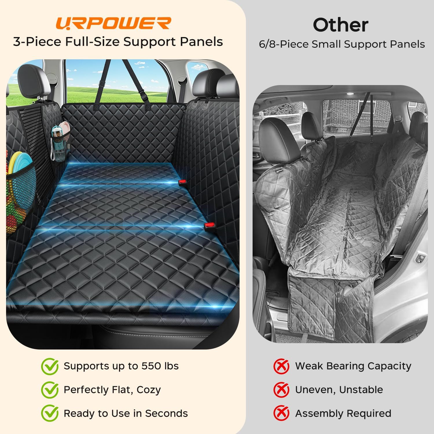 URPOWER 2026 Upgraded Dog Back Seat Extender for Full Size Crew Cab Truck - Large Hard Bottom Dog Car Seat Cover Holds 550lbs, Waterproof Dog Hammock Pet Bed with High-Density Foam Non-Slip