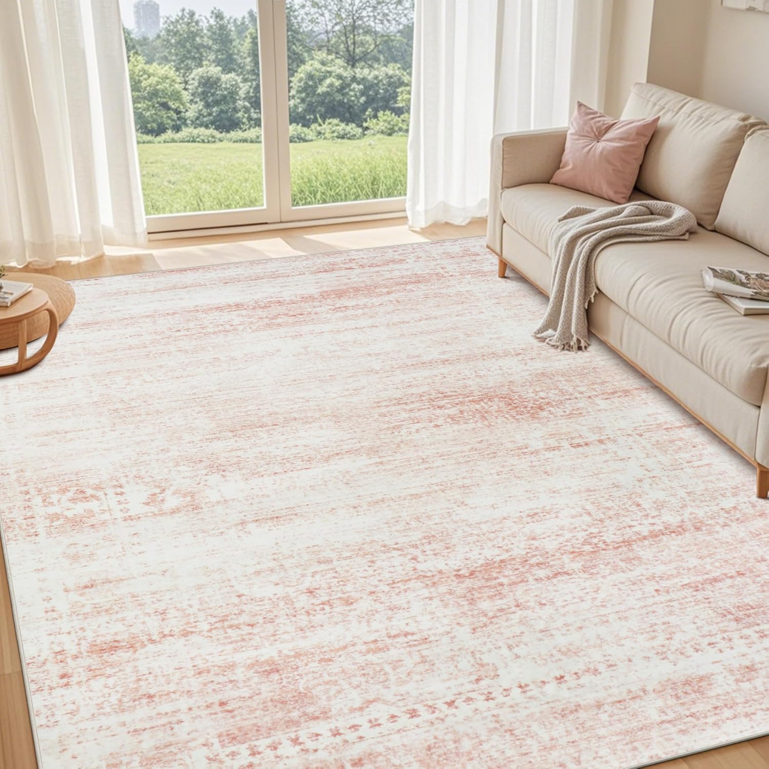 Srugn Washable Area Rug for Living, Bedroom & Dining Room, Ultra Soft Faux Wool Retro Large Carpet, Non-Slip/Shedding Low Pile Vintage Print for Home Office Decor, Beige Ivory Cream Brown Camel, 5x7