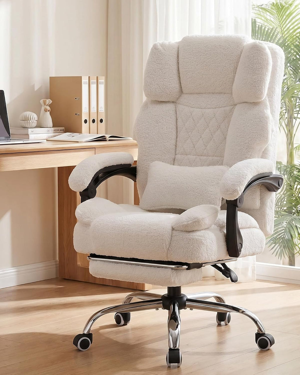 GTPLAYER Big and Tall Office Chair with Pocket Spring Cushion & Ergonomic Lumbar Support for Lower Back Pain Relief, High Back Computer Gaming Chair with Foot Rest, Comfy Teddy Fleece, White