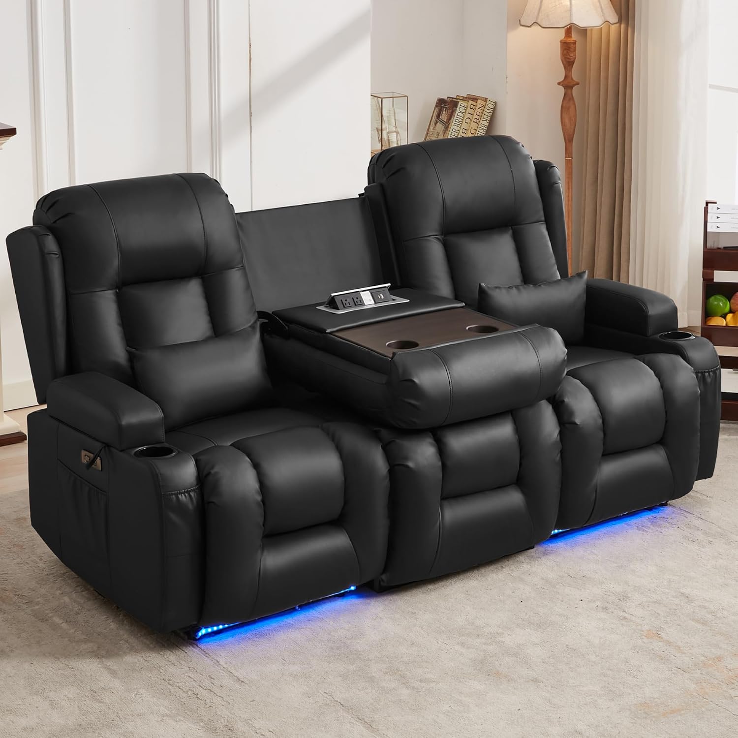 URRED Power Loveseat Recliner Sofa with Massage and Heat, Wall Hugger Reclining Loveseat with Console, RV Couch Home Theater Seating with LED Lights for Living Room (Black, 76.8" - 3 Seats)