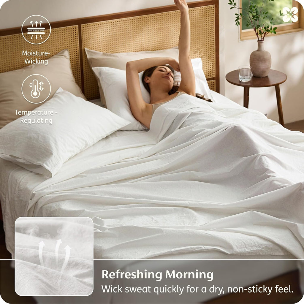 Bedsure Linen Sheets California King Size - Cotton Linen Blend Bed Sheets, Anti - Pilling, Ultra-Soft & Breathable, 16" Deep Pocket, PureWoven Natural Texture Improves with Use, 4 Pieces (White)