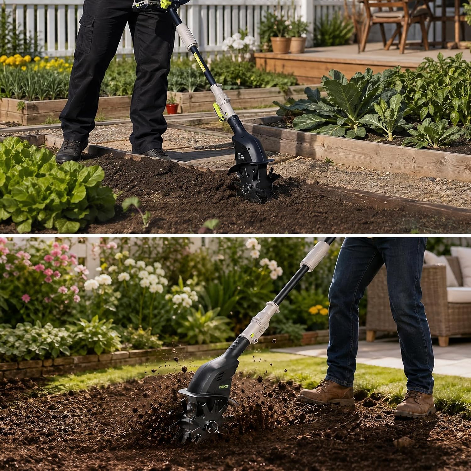DEKOPRO Cordless Tiller Cultivator for Gardening, 20V Electric Garden Tiller with Battery & Charger, Lightweight Battery Powered Rototiller for Gardening, Yard, Soil Cultivation, Raised & Flower Beds