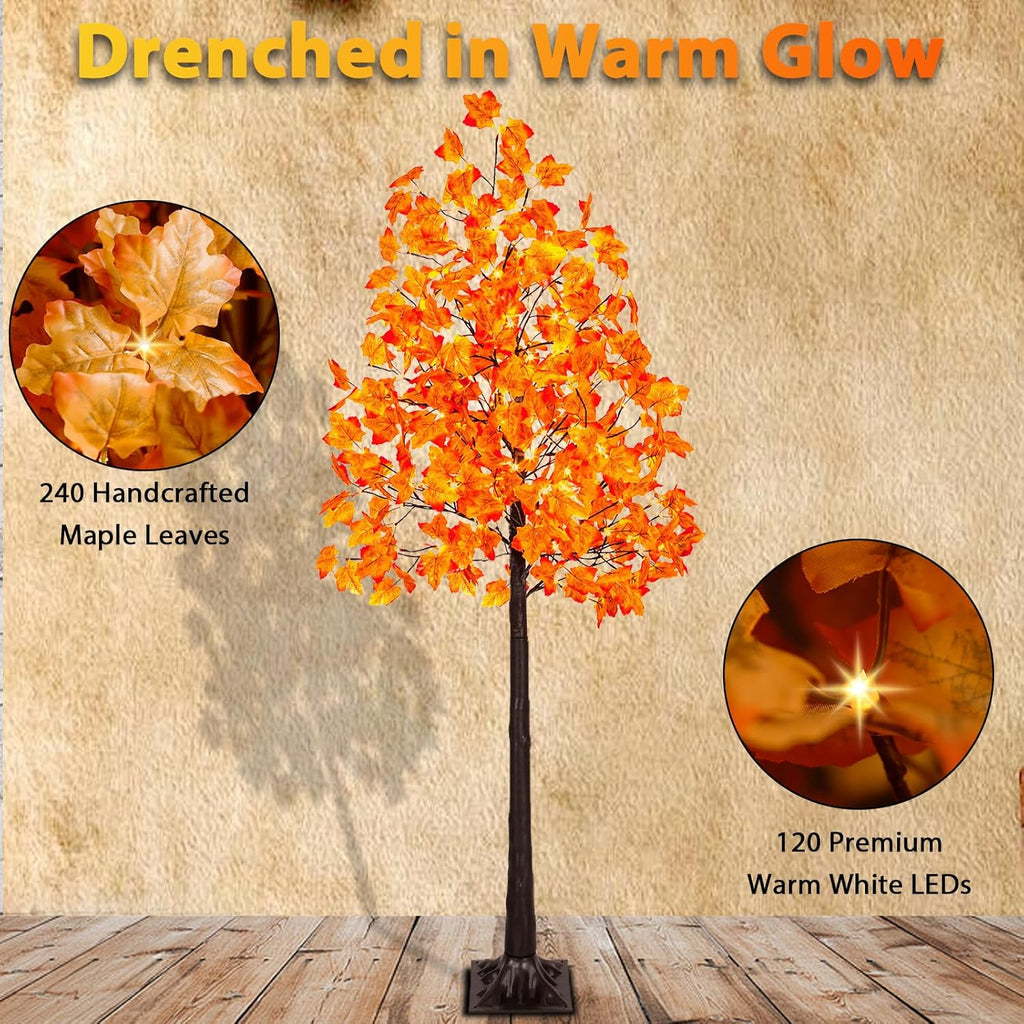 VIVATREES 6FT Artificial Lighted Maple Tree, 120LED Fall Tree with Warm White Lights and Maple Leaves for Halloween, Thanksgiving, Autumn Harvest Outdoor Indoor Home Decor, Orange