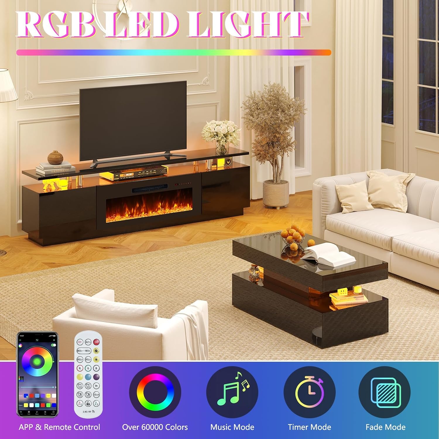 AMERLIFE 3 Piece Modern Living Room Table Set, Includes 80" High Gloss Fireplace TV Stand, 2-Tier Coffee Table, LED Lights Entertainment Center Set for Living Room, Black