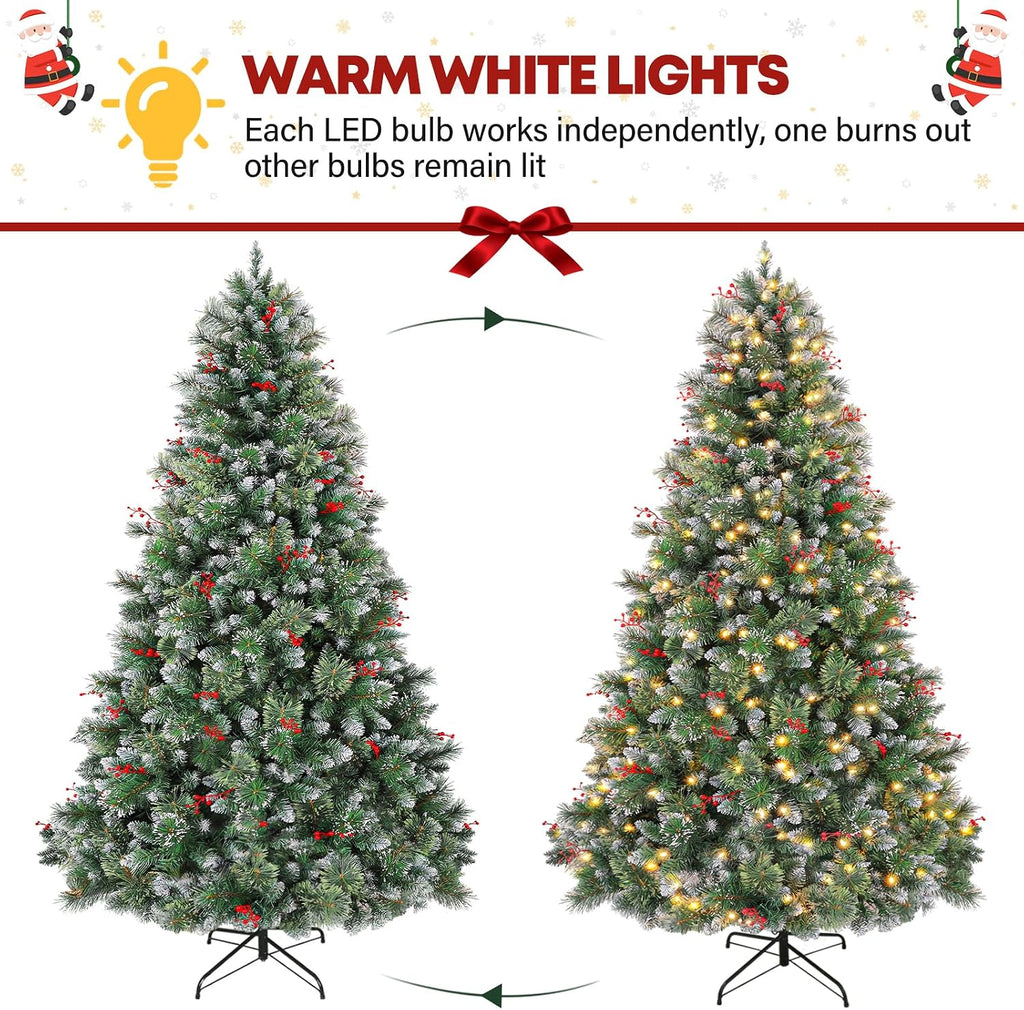 7.5ft Lighted Frosted Christmas Tree, Artificial Christmas Pine Tree with Red Berries, 350 Warm White LED Lights, 1372 Branch Tips, Foldable Metal Stand and Hinged Branches