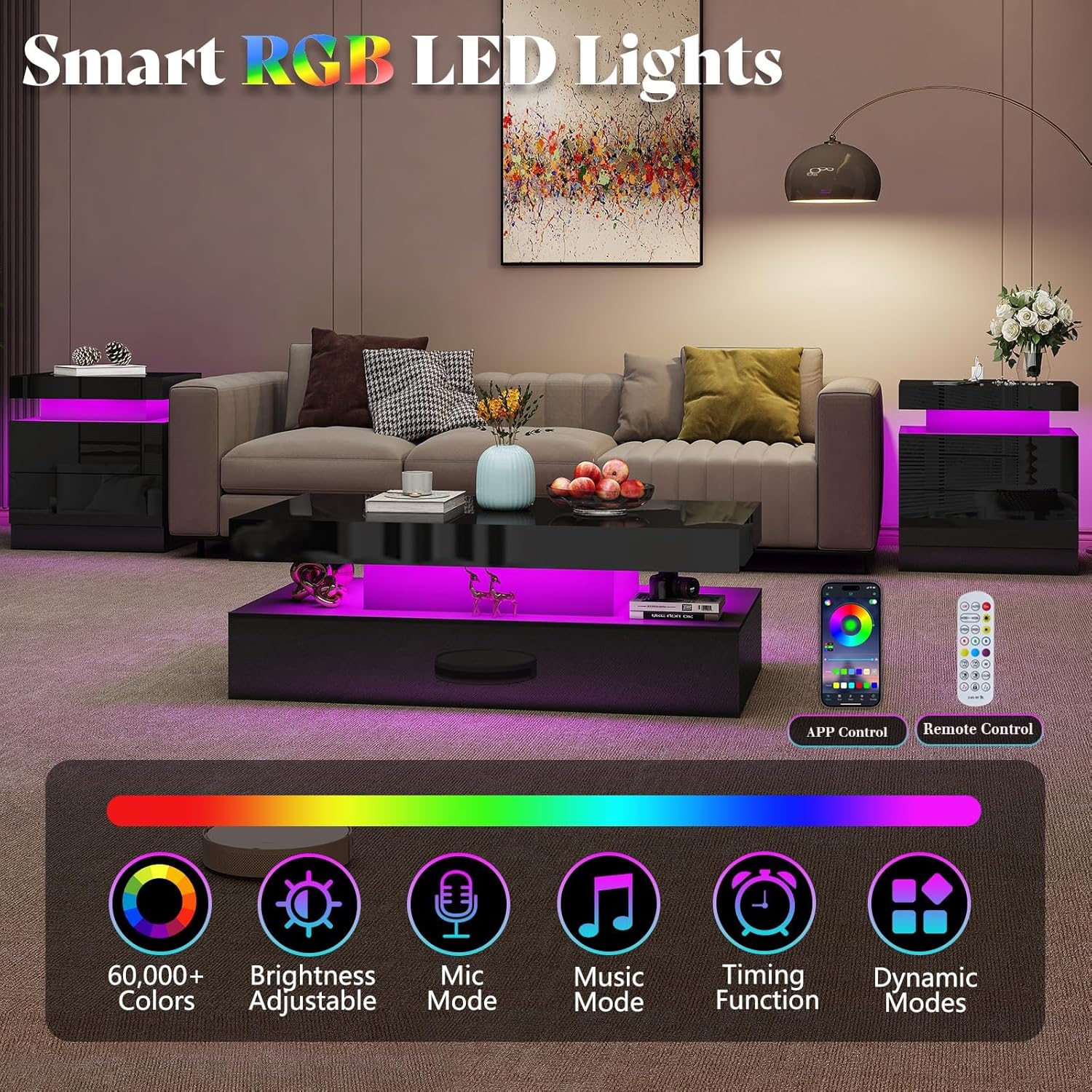 AMERLIFE 3-Piece High Gloss Living Room Table Set with LED Lights, Modern Coffee Table and 2 Side Tables, 2-Tier Center Table with Storage, Black Nightstands with Charging Station