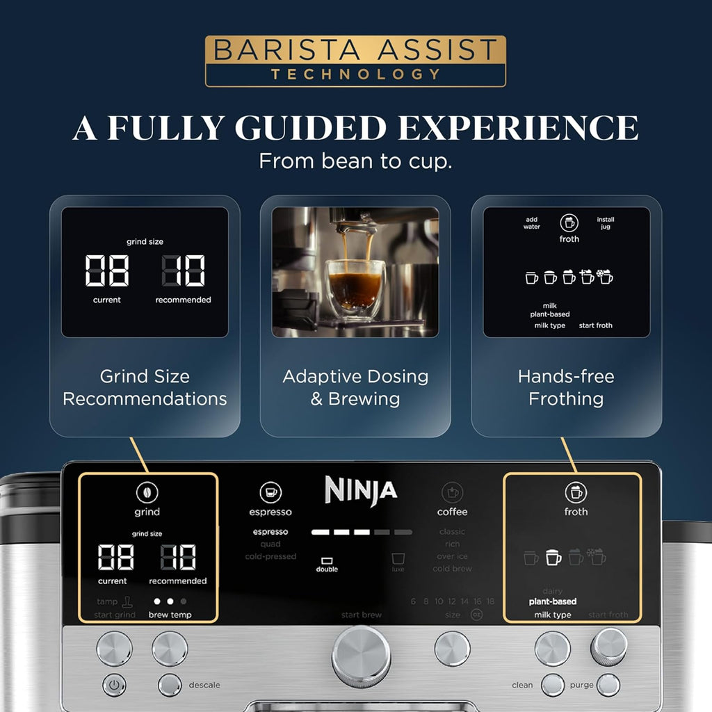 Ninja Luxe Café Premier 3-in-1 Espresso Machine, Drip Coffee, & Rapid Cold Brew | Built-in Coffee Grinder, Hands-Free Milk Frother, Assisted Tamper for Cappuccinos & Lattes | Stainless Steel | ES601